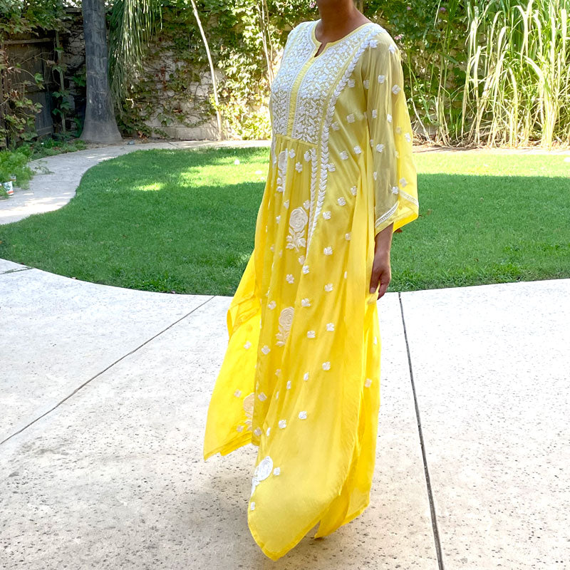 Buy Yellow Chikankari Embroidered Crepe Kaftan Dress at PinkPhulkari 