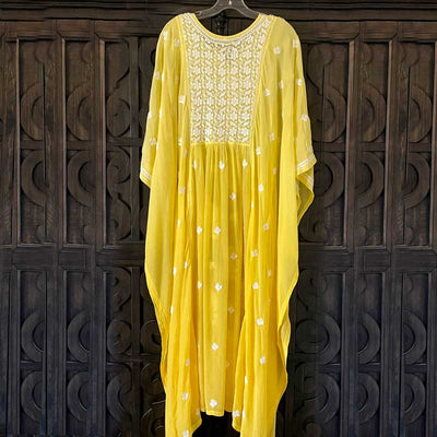 Buy Yellow Chikankari Embroidered Crepe Kaftan Dress at PinkPhulkari Buy Yellow Chikankari Embroidered Crepe Kaftan Dress at PinkPhulkari 