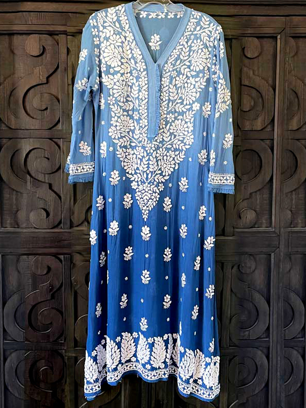 Women's Lucknowi Chikankari Muslin Kaj Patti Frill Kurti Dress in Blue color at PinkPhulkari California