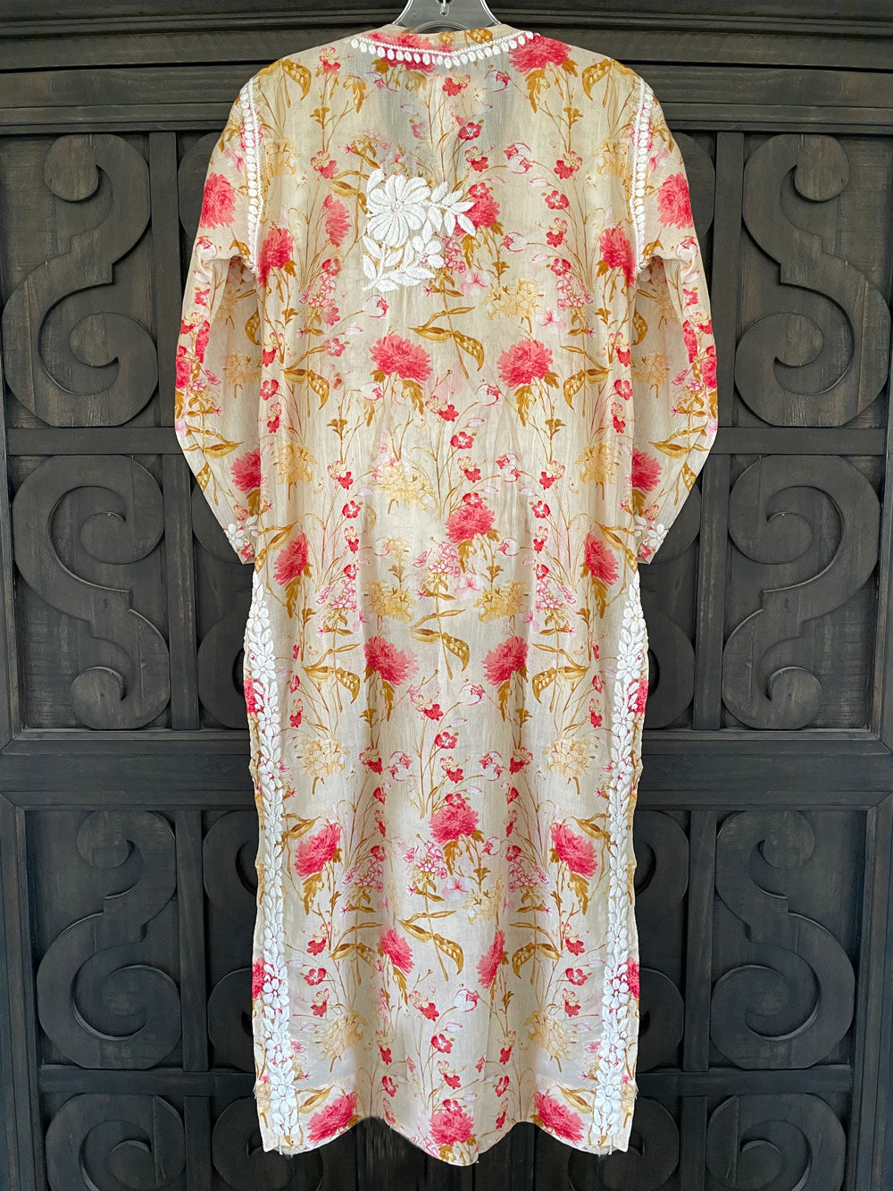 Ivory Summer Floral Lucknowi Kurta Dress at PinkPhulkari California