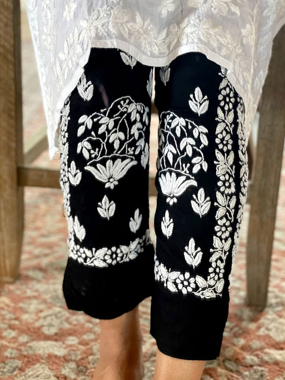 Black Lucknowi Rayon Pants with Pockets at PinkPhulkari California