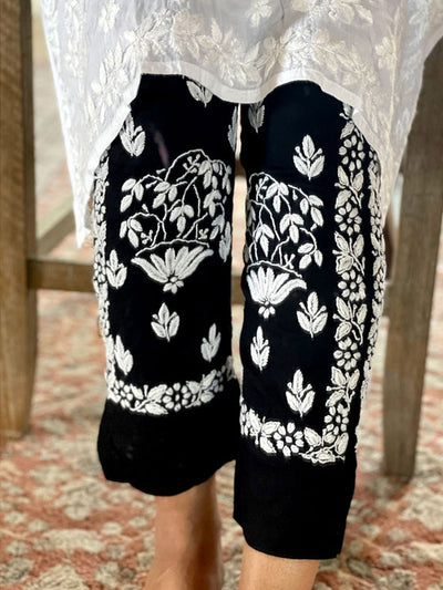 Black Lucknowi Rayon Pants with Pockets at PinkPhulkari California