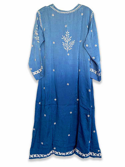 Women's Blue Satin Silk Long Gown Dress Hand Embroidered Lucknowi Chikankari Kurta at PinkPhulkari CaliforniaWomen's Blue Satin Silk Long Gown Dress Hand Embroidered Lucknowi Chikankari Kurta at PinkPhulkari California