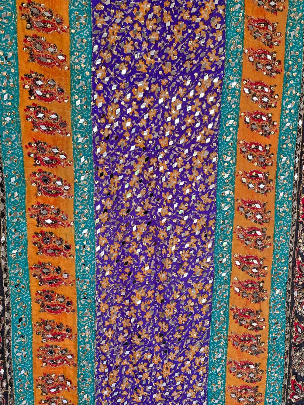 Blue Sheesha Work Multicolored Pakistani Silk Dupatta with Gold Border at PinkPhulkari California