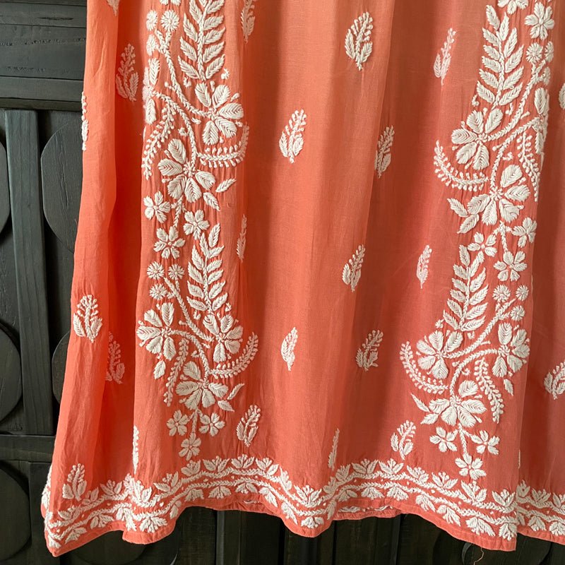 Muslin Silk Handcrafted Lucknowi Chikankari A Line Kurta Dress in Peach at PinkPhulkari California