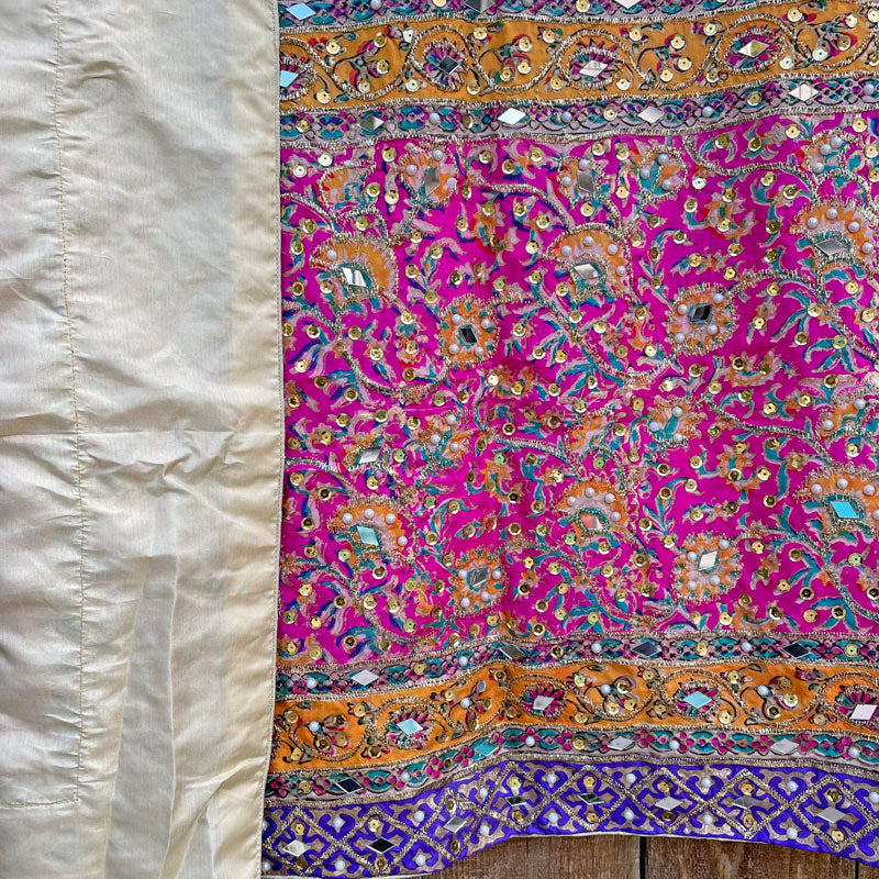 Sheesha Work Blue Multicolored Pakistani Silk Dupatta with Lining, phulkari dupatta, chunni, bridal dupatta, pink phulkari