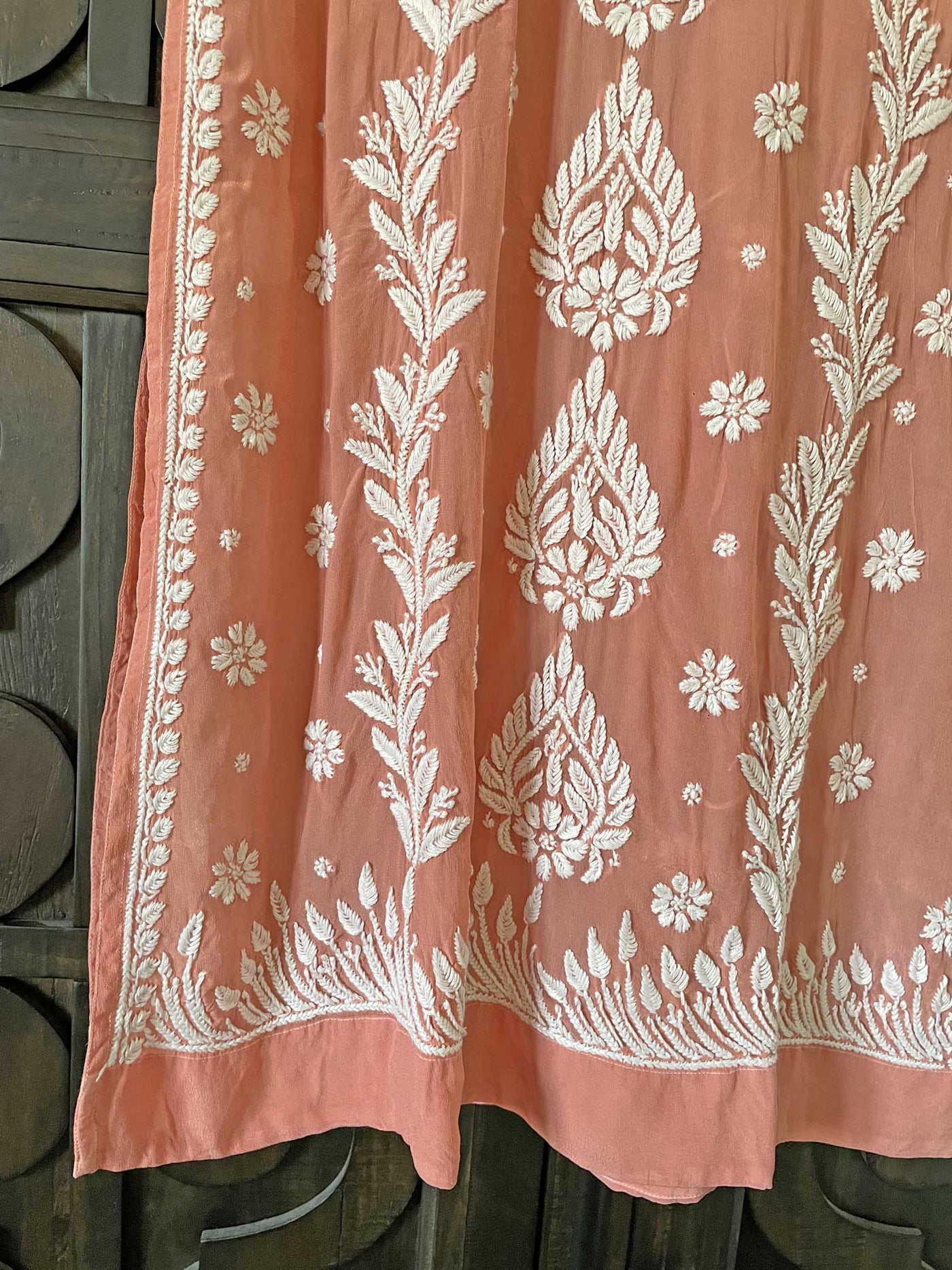 Women's Pastel Pink Hand Embroidered Crepe Silk Lucknowi Chikankari Kurta