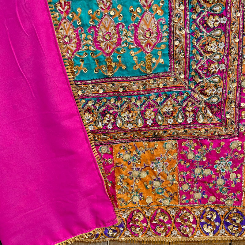 Pearl and Sequin Handwork Silk Multi Block Print Pakistani Dupatta with Lining, Pink Phulkari, Phulkari Dupatta, Chunni, Bridal Dupatta, Heavy Dupatta