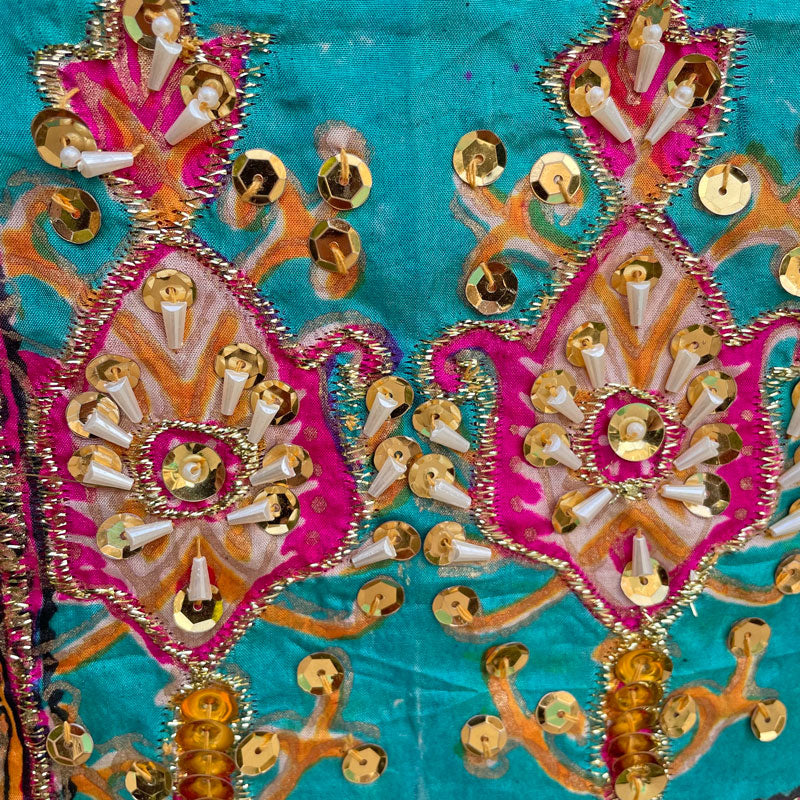 Pearl and Sequin Handwork Silk Multi Block Print Pakistani Dupatta with Lining, Pink Phulkari, Phulkari Dupatta, Chunni, Bridal Dupatta, Heavy Dupatta