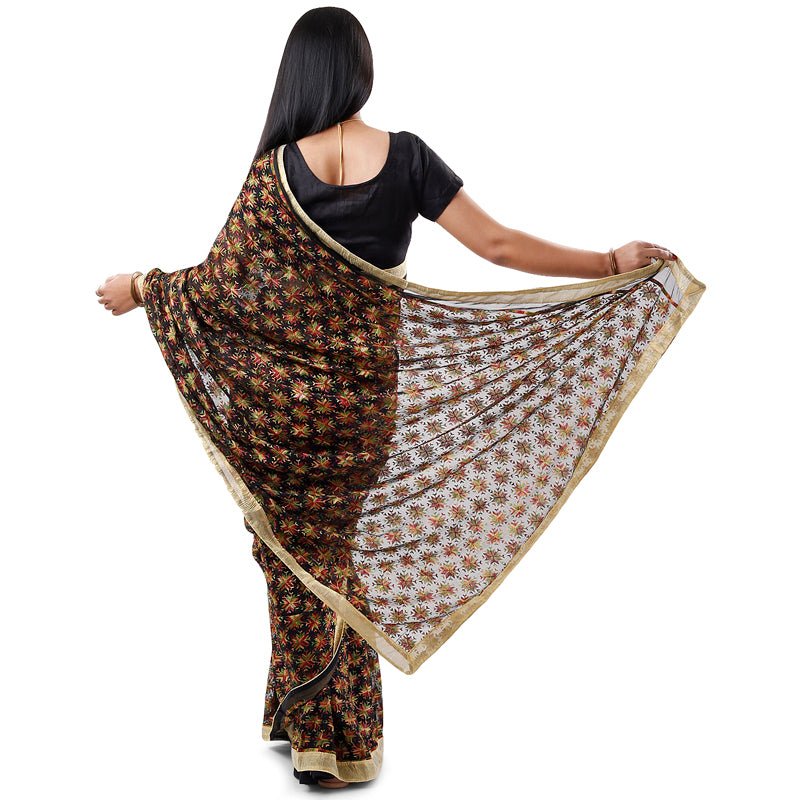Phulkari Design Sequin Work Sari Black - PinkPhulkari California