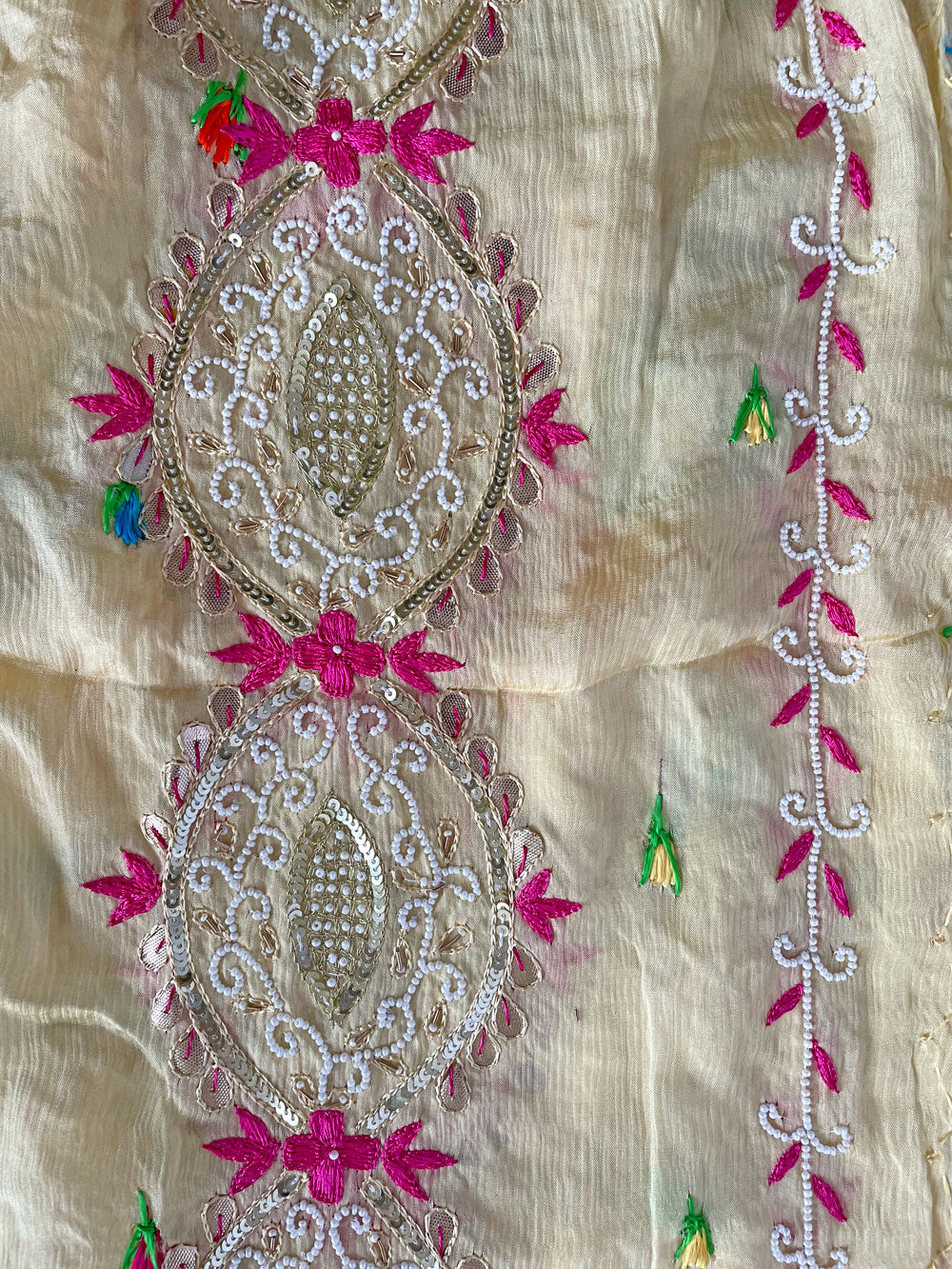 Women's Ivory Pure Chinon Silk Gotta Patti Hand Embroidered Phulkari Dupatta at PinkPhulkari California