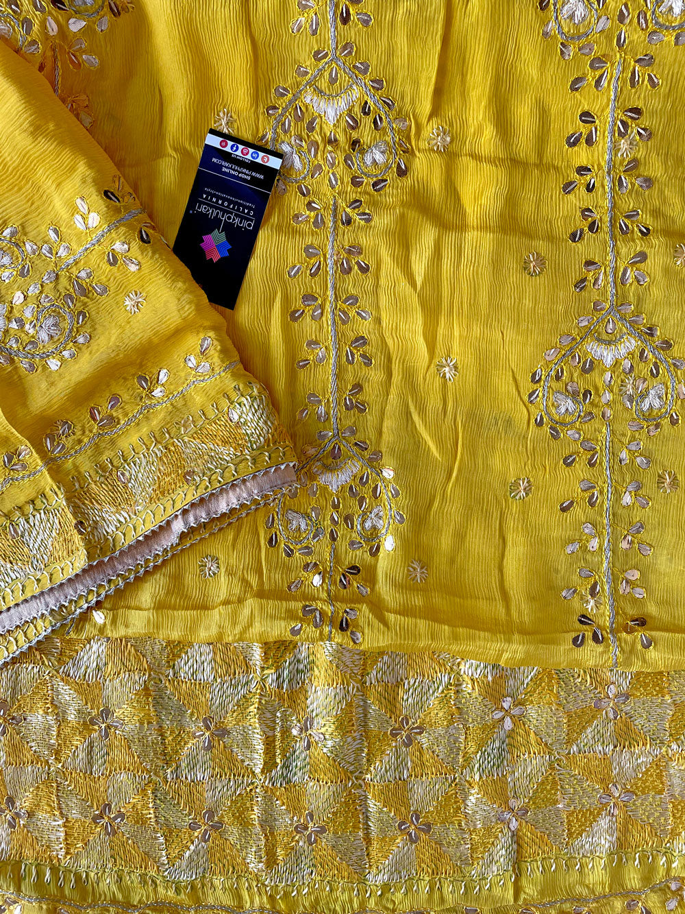 Women's Golden Yellow Pure Chinon Silk Gotta Patti Hand Embroidered Phulkari Dupatta at PinkPhulkari California