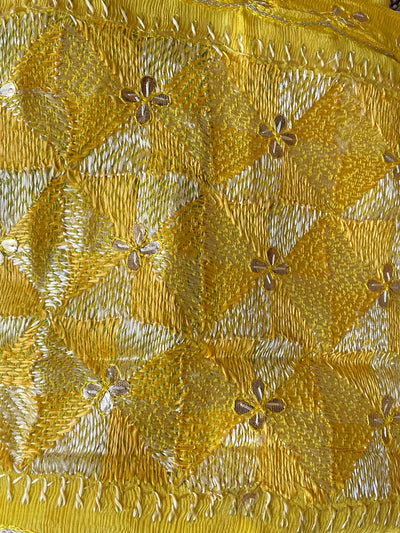 Women's Golden Yellow Pure Chinon Silk Gotta Patti Hand Embroidered Phulkari Dupatta at PinkPhulkari CaliforniaWomen's Golden Yellow Pure Chinon Silk Gotta Patti Hand Embroidered Phulkari Dupatta at PinkPhulkari California