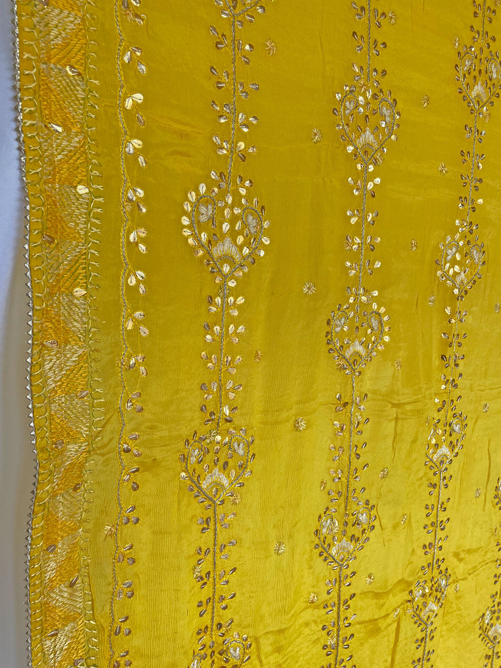 Women's Golden Yellow Pure Chinon Silk Gotta Patti Hand Embroidered Phulkari Dupatta at PinkPhulkari California