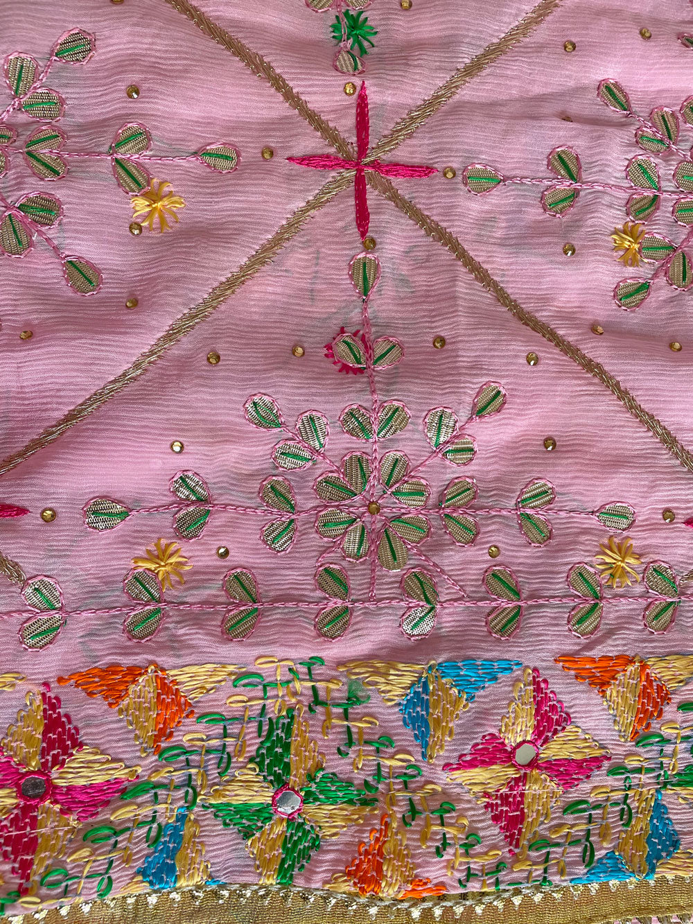 Women's Pink Pure Chinon Silk Gotta Patti Hand Embroidered Phulkari Dupatta at PinkPhulkari California