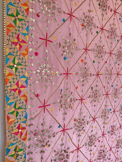 Women's Pink Pure Chinon Silk Gotta Patti Hand Embroidered Phulkari Dupatta at PinkPhulkari CaliforniaWomen's Pink Pure Chinon Silk Gotta Patti Hand Embroidered Phulkari Dupatta at PinkPhulkari California