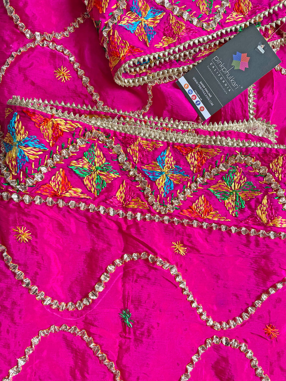 Women's Bright Pink Pure Chinon Silk Gotta Patti Hand Embroidered Phulkari Dupatta at PinkPhulkari California