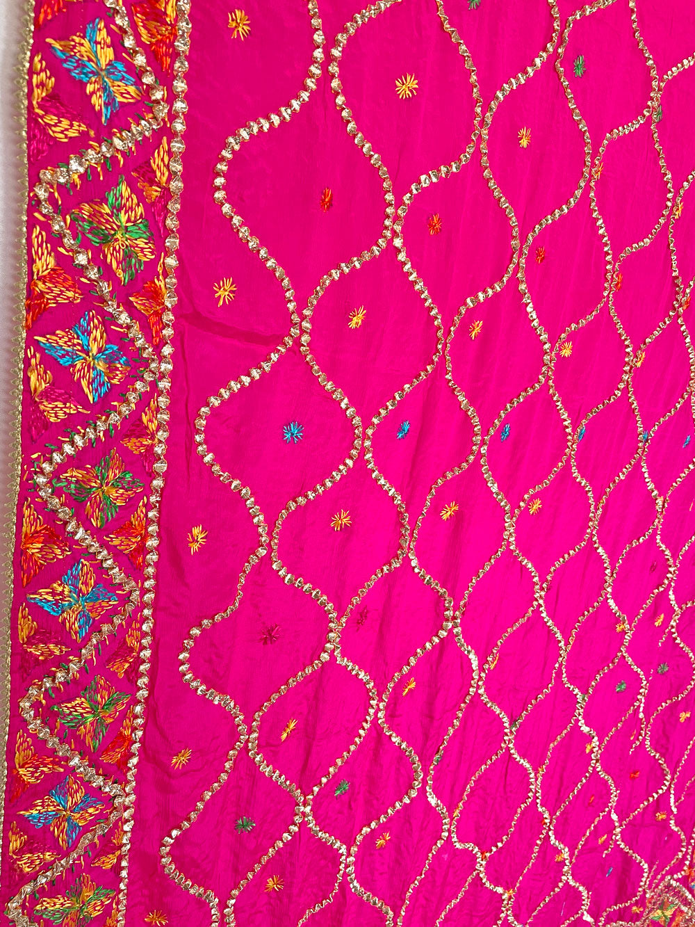 Women's Bright Pink Pure Chinon Silk Gotta Patti Hand Embroidered Phulkari Dupatta at PinkPhulkari California