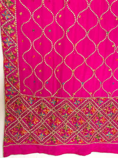 Women's Bright Pink Pure Chinon Silk Gotta Patti Hand Embroidered Phulkari Dupatta at PinkPhulkari CaliforniaWomen's Bright Pink Pure Chinon Silk Gotta Patti Hand Embroidered Phulkari Dupatta at PinkPhulkari California