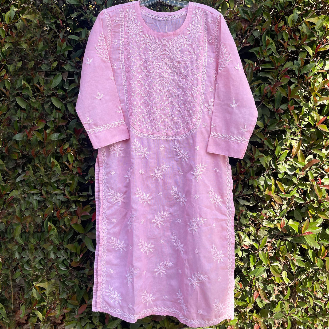 Women's Hand Embroidered Pink Cotton Linen Lucknowi Chikan Kurta at PinkPhulkari California