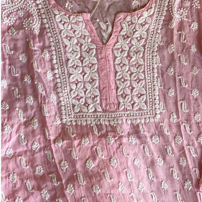 Women's Pink Muslin Silk Chikankari Kurta Hand Embroidered at PinkPhulkari California