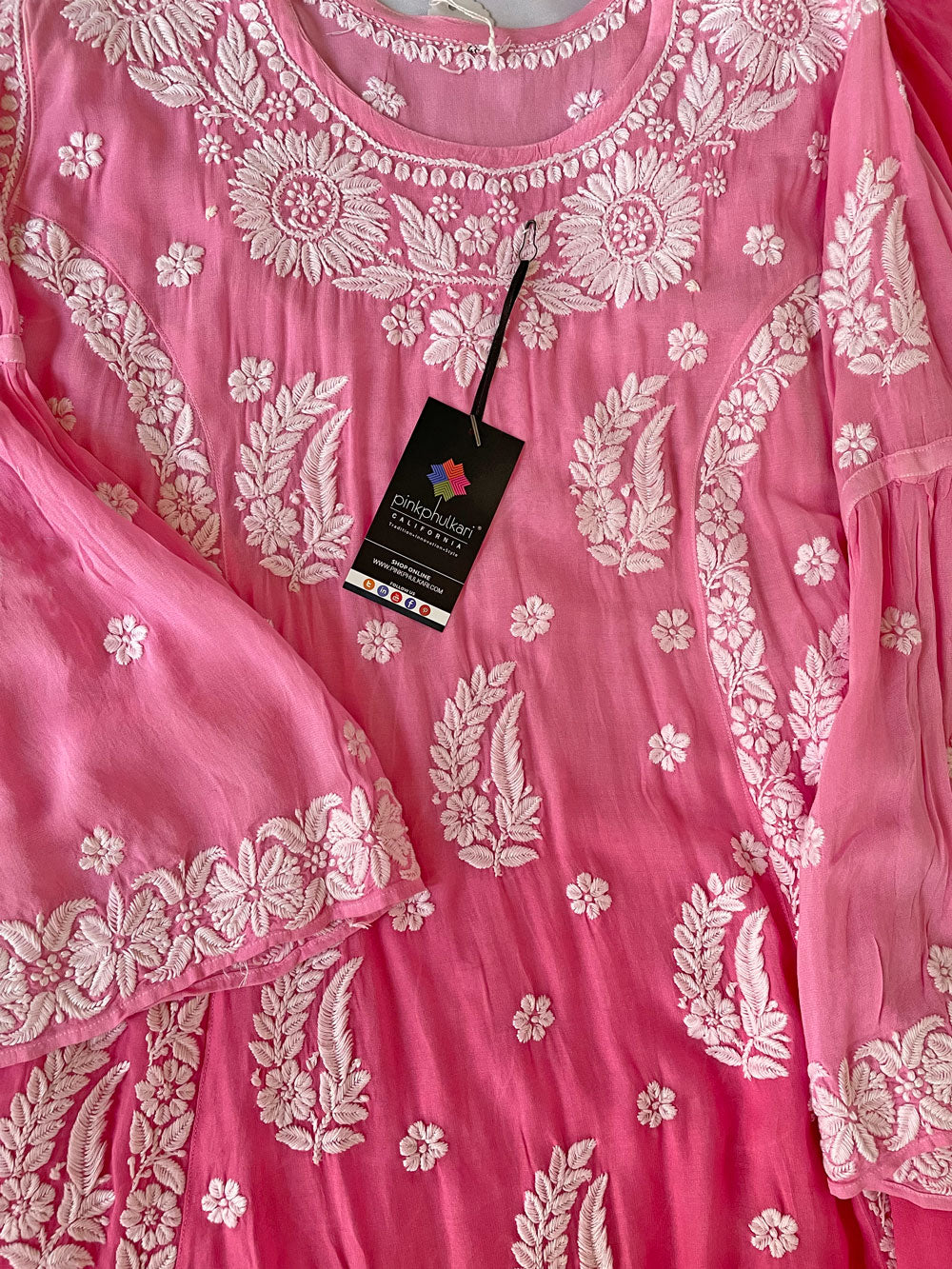 Women's Pink Blue Ombre Muslin Silk Lucknowi Chikankari Kurta Palazzo Suit at PinkPhulkari California