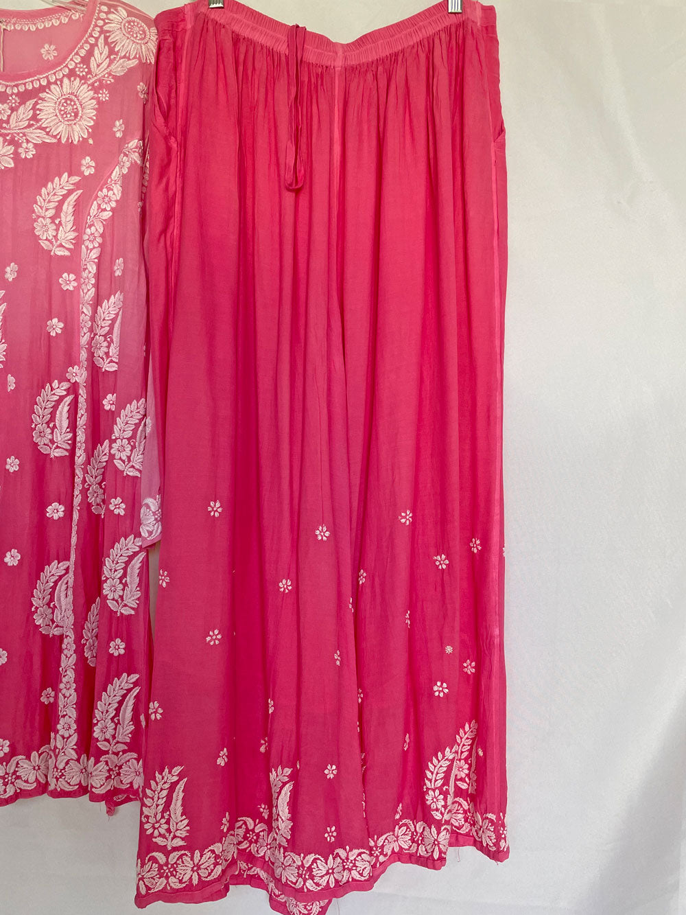 Women's Pink Blue Ombre Muslin Silk Lucknowi Chikankari Kurta Palazzo Suit at PinkPhulkari California