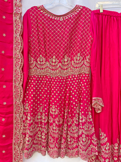 Women's Rani Pink Chinon Silk Punjabi Sharara Garara Bridal Salwar Suit at PinkPhulkari CaliforniaWomen's Rani Pink Chinon Silk Punjabi Sharara Garara Bridal Salwar Suit at PinkPhulkari California