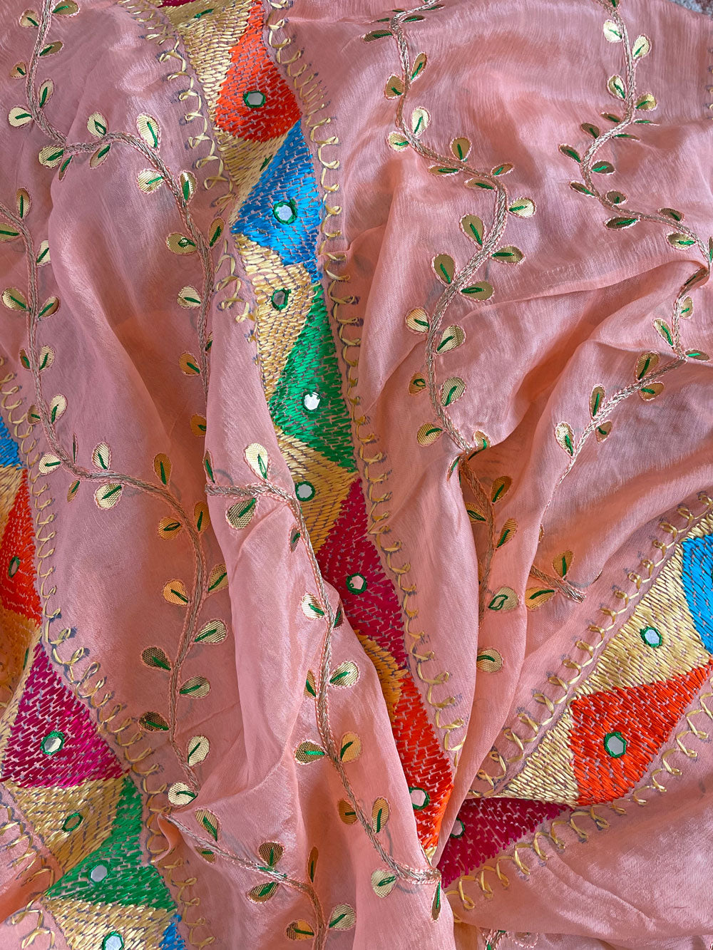 Women's Pink Chinon Silk Gotta Patti Hand Embroidered Phulkari Dupatta at PinkPhulkari California