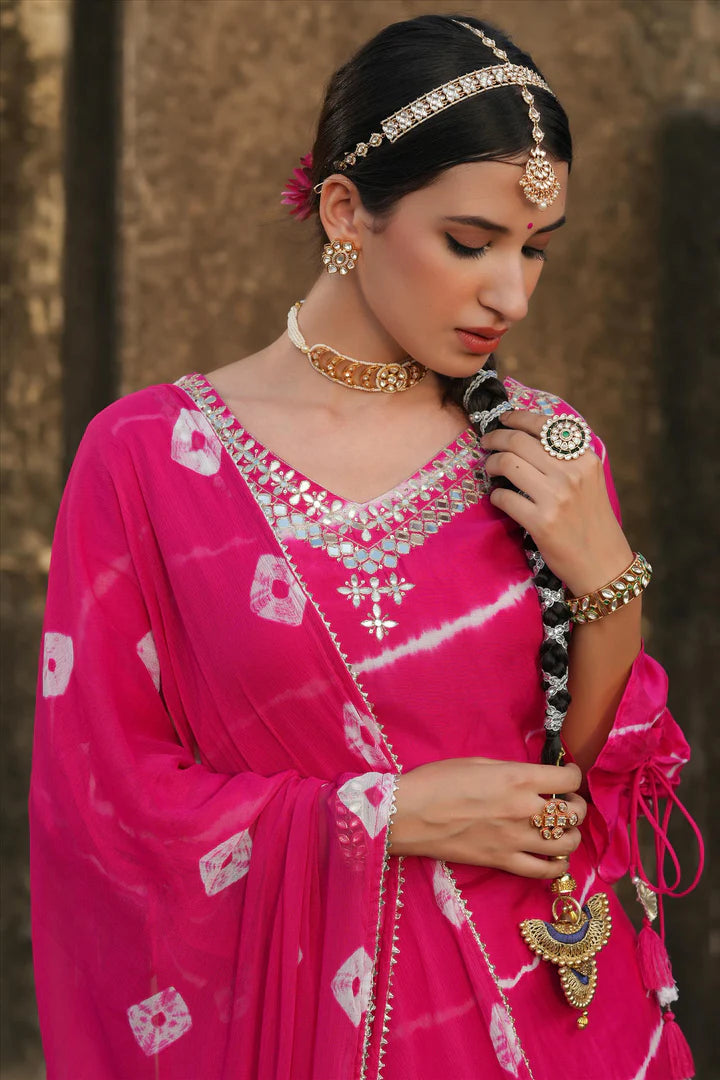 Pink Cotton Silk Leheriya Mirror Work Yoke Design Stylized Kurta Pant Dupatta Set