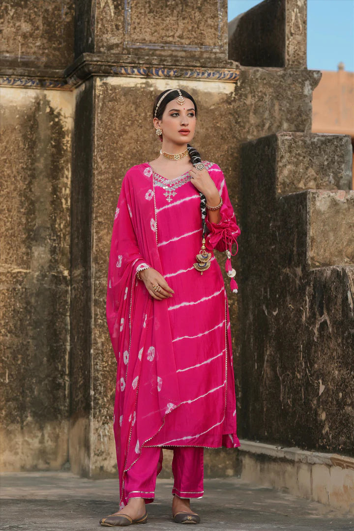 Pink Cotton Silk Leheriya Mirror Work Yoke Design Stylized Kurta Pant Dupatta Set