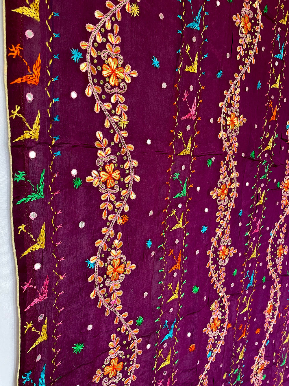 Women's Purple Chinon Silk Gotta Patti Hand Embroidered Phulkari Dupatta at PinkPhulkari California