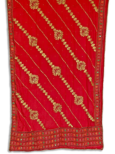 Women's Chinon Silk Red Gotta Patti Hand Embroidered Phulkari Dupatta at PinkPhulkari California