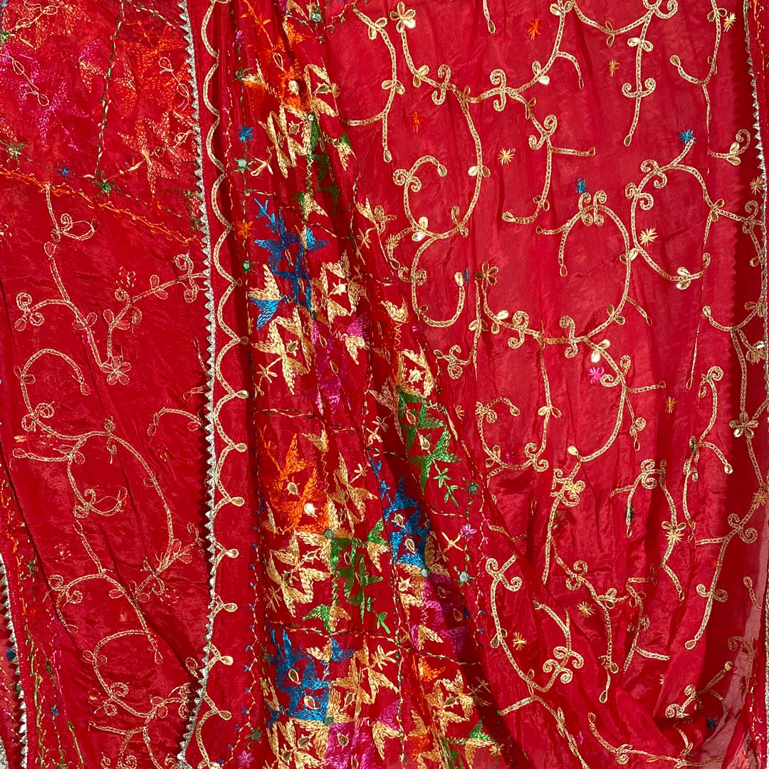Red Chinon Silk Phulkari Dupatta Crimson at PinkPhulkari California