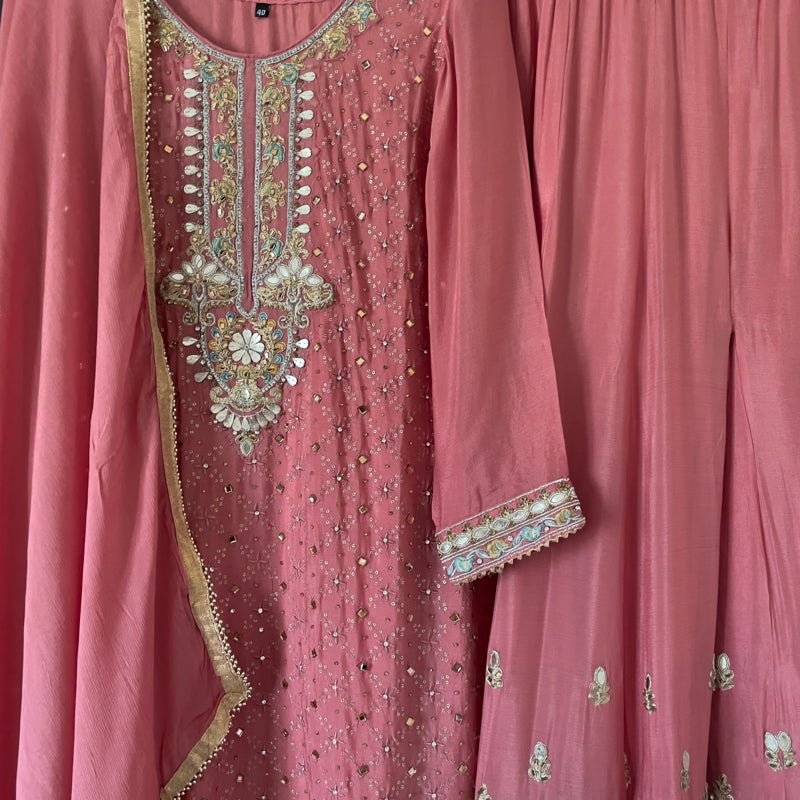 Women's Wedding Party Wear Rose Gotta Patti Work Chinon Silk Heavy Embroidered Palazzo Suit at PinkPhulkari California