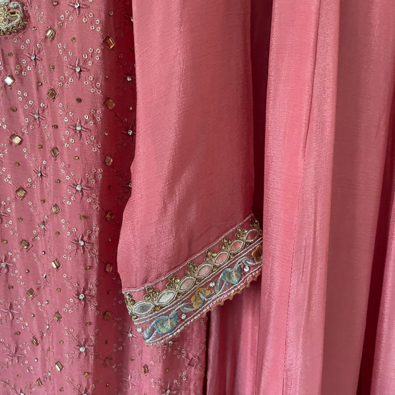 Women's Wedding Party Wear Rose Gotta Patti Work Chinon Silk Heavy Embroidered Palazzo Suit at PinkPhulkari California