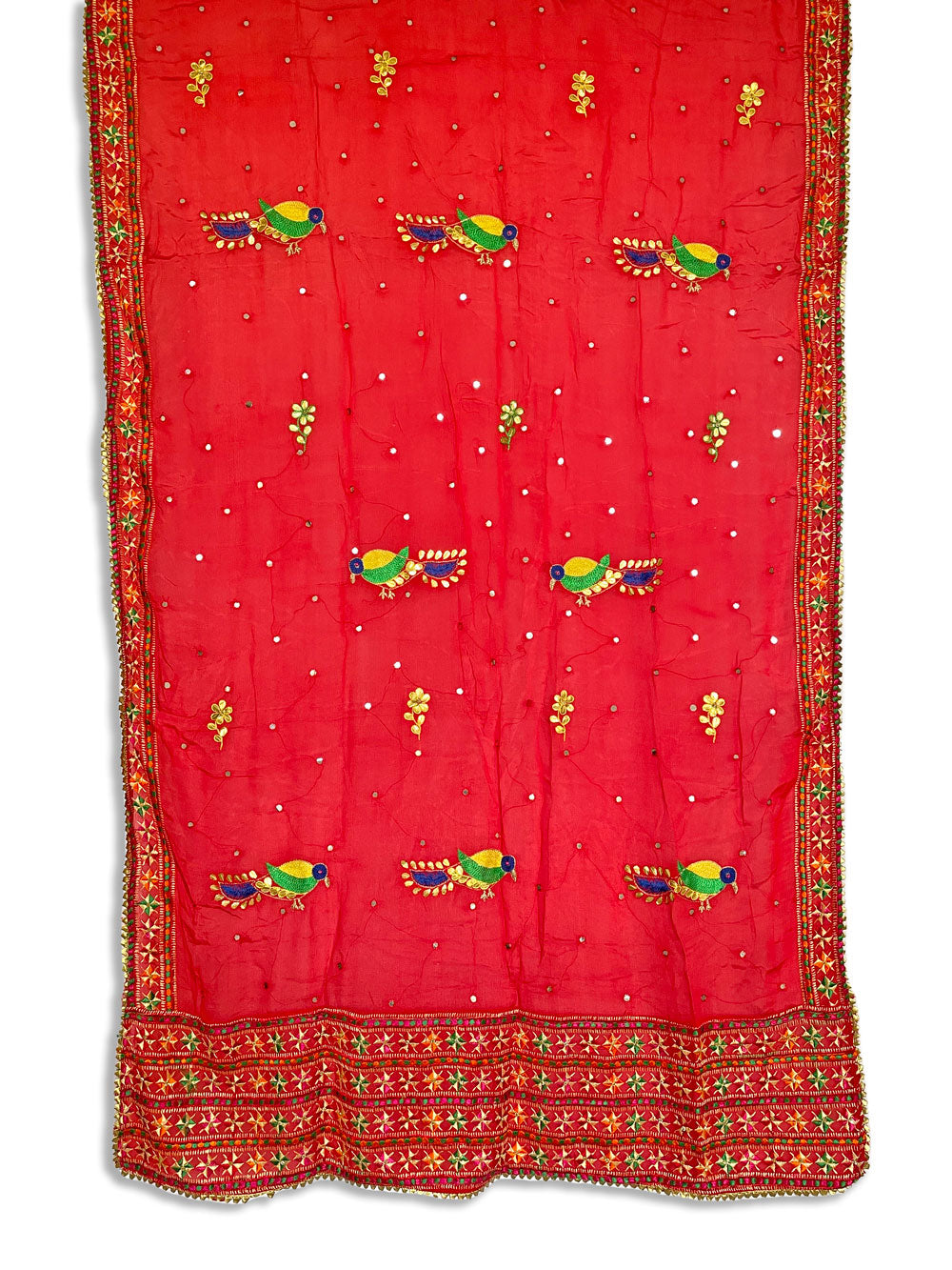 Women's Red Chinon Silk Gotta Patti Hand Embroidered Phulkari Dupatta at PinkPhulkari California