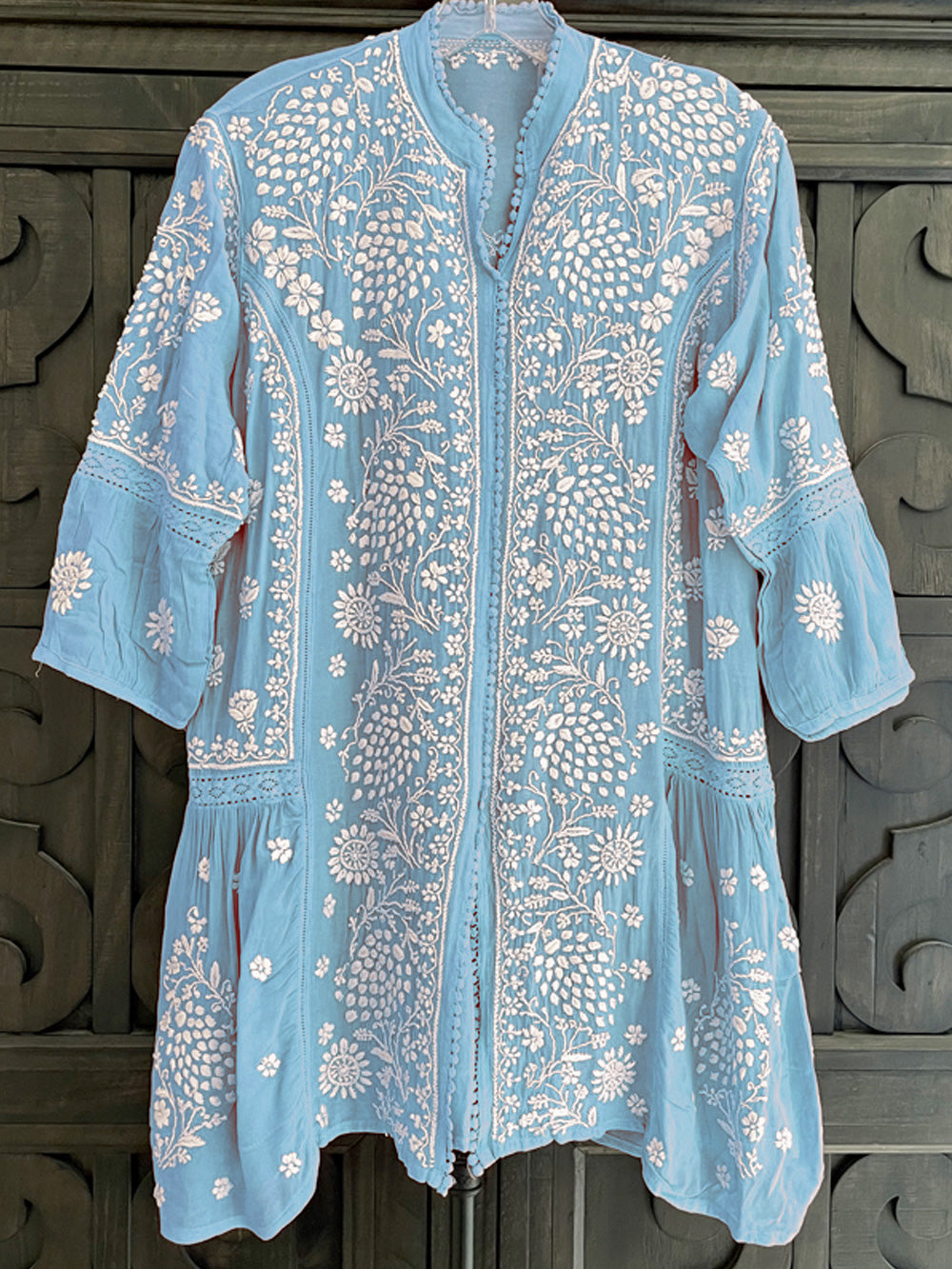 Women's Sky Blue Lucknowi Hand Embroidered Muslin Silk Short Kurti Dress PinkPhulkari California