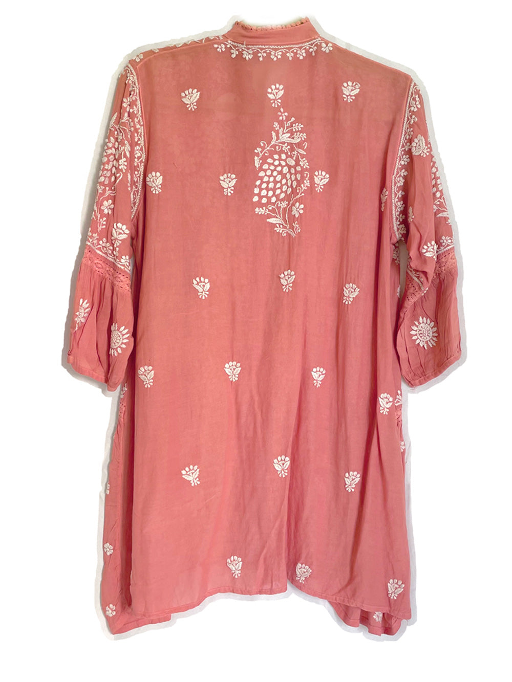 Women's Light Coral Color Lucknowi Hand Embroidered Muslin Silk Short Kurti Dress PinkPhulkari California