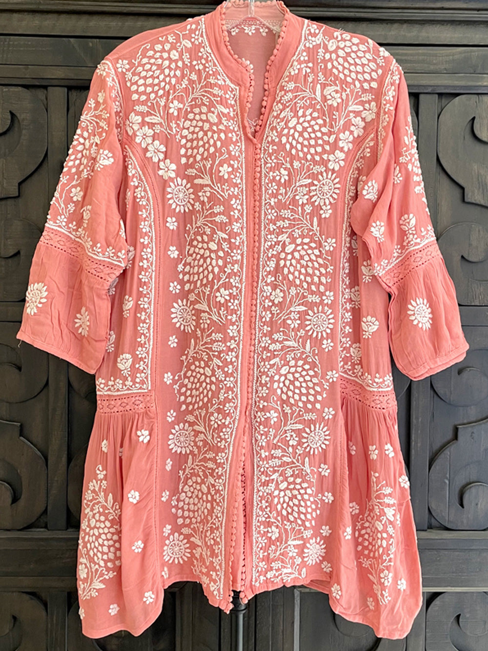 Women's Light Coral Color Lucknowi Hand Embroidered Muslin Silk Short Kurti Dress PinkPhulkari California