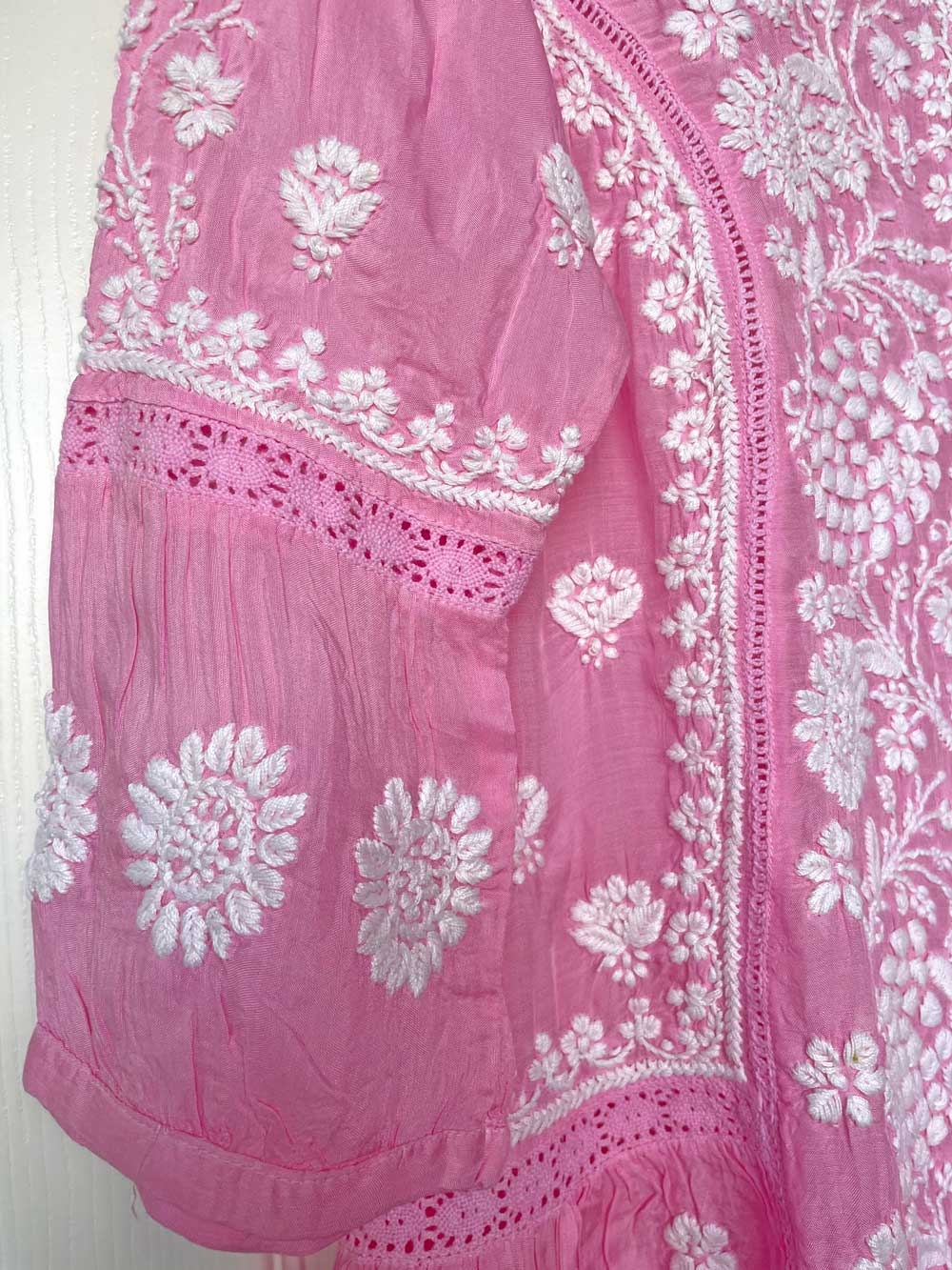 Women's Pink Lucknowi Hand Embroidered Muslin Silk Short Kurti Dress PinkPhulkari California