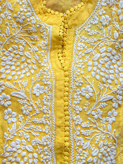 Women's Yellow Gold Lucknowi Hand Embroidered Muslin Silk Short Kurti Dress PinkPhulkari CaliforniaWomen's Yellow Gold Lucknowi Hand Embroidered Muslin Silk Short Kurti Dress PinkPhulkari California