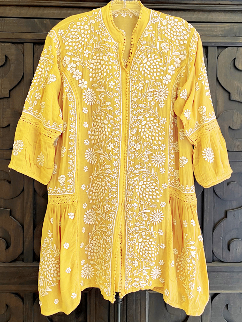 Women's Yellow Gold Lucknowi Hand Embroidered Muslin Silk Short Kurti Dress PinkPhulkari California