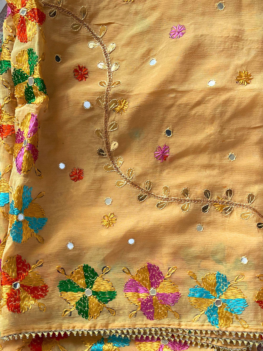Women's Tan Chinon Silk Gotta Patti Hand Embroidered Phulkari Dupatta at PinkPhulkari California