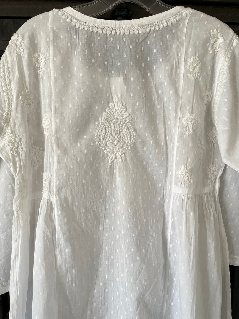 Women's White Cotton Kurti Lucknowi Hand Embroidered Top at PinkPhulkari California