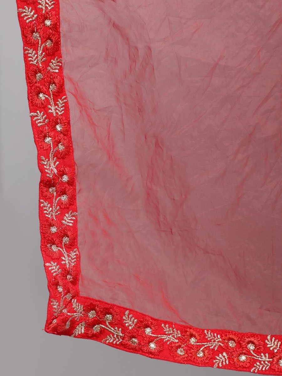 Women Red Sequinned Embroidered Straight Kurta With Plazo & Dupatta - PinkPhulkari California