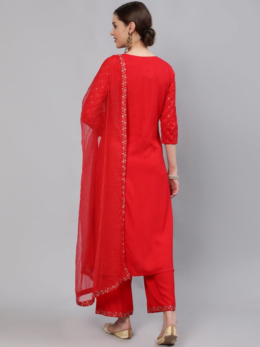 Women Red Sequinned Embroidered Straight Kurta With Plazo & Dupatta - PinkPhulkari California