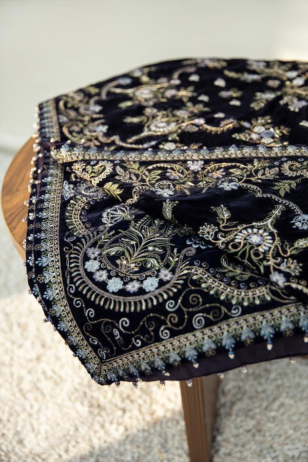 Women's Pakistani Designer Embroidered Navy Velvet Shawl at PinkPhulkari California