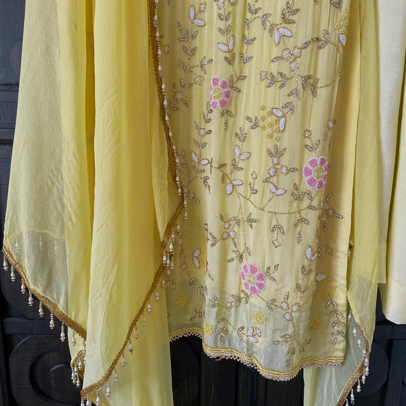 Yellow Chinnon Embroidered Kurta Palazzo Pant Set M, L - PinkPhulkari California