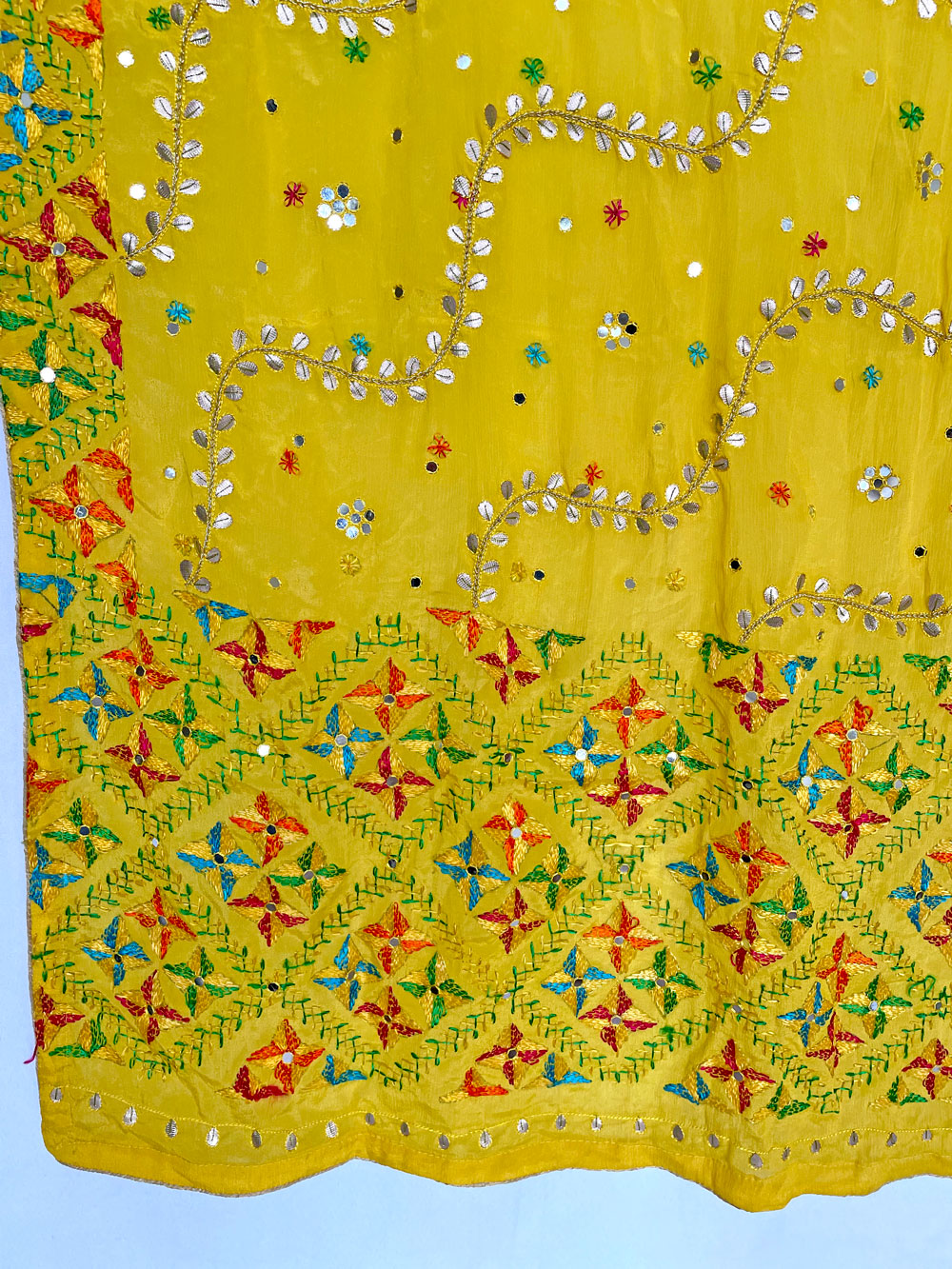 Women's Yellow Pure Chinon Silk Gotta Patti Hand Embroidered Phulkari Dupatta at PinkPhulkari California